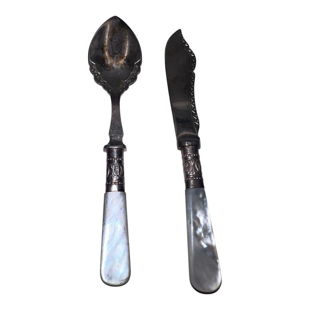 JB Sheffield England Dessert Knife Fruit Spoon Set Mother of Pearl J. Blyde